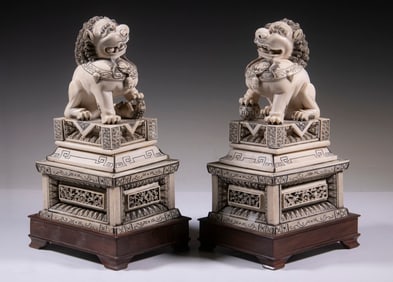 PR IVORY FOO DOG FIGURES ON WOODEN STANDS
