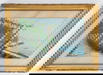 ITALIAN GRAND TOUR PAINTING OF CAPRI, SIGNED "MONTRELLO": A Monk Seated at a Seaside Pergola, gouache on paper, signed lower left, in a gilt gesso edged frame, matted and glazed, OS: 17" x 23". Good condition, loss to frame edge.