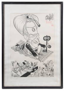 ZEEV YAACOV FARKASH (ISRAEL, 1923-2002): Israeli Political Caricatrure Cartoon of US President LBJ on a flying carpet, crossing the Suez Canal, where Israeli Prime Minister Golda Meir and Egyptian President Anwar Sadat are squaring off,