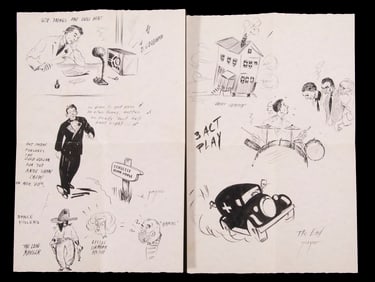 (2) SHEET INK DRAWINGS 1930'S PARTY TALE SIGNED 'PAYNE'