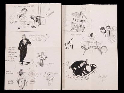 (2) SHEET INK DRAWINGS 1930'S PARTY TALE SIGNED 'PAYNE': Cartoon featuring five vignettes and some "space fillers". Best clue is caption: "Cat Payne forsakes the Gold Dollar for the Artie Shaw crew on Mon 30th". Two loose 11" x 7" sheets, folded as if