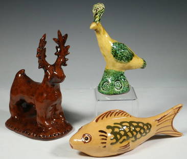 (3 PCS) FIGURAL POTTERY, INCL. SUSAN CAMPBELL REDWARE: Lot of (3) Glazed Pottery Figures, incl: Redware bird whistle by Susan Campbell (Bryn Mawr, PA) dated 1997, incised signature and date on base, 6 1/4" high, 4 1/2" x 2"; Redware standing reindeer with