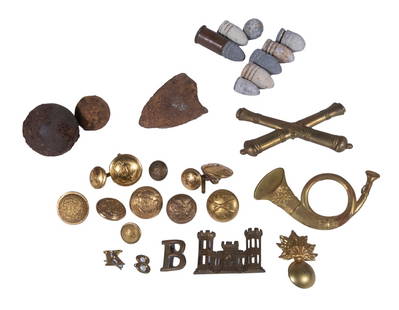CIVIL WAR MEMORABILIA, BUTTONS, BADGES & LEAD: Including: Brass Badges for Infantry, Artillery, Engineers, 'K', '8", "B" & European Grenadier, in envelope from The Haverford School, Pennsylvania; PLUS Buttons from CSA, Pennsylvania, Maine, NJ Nat
