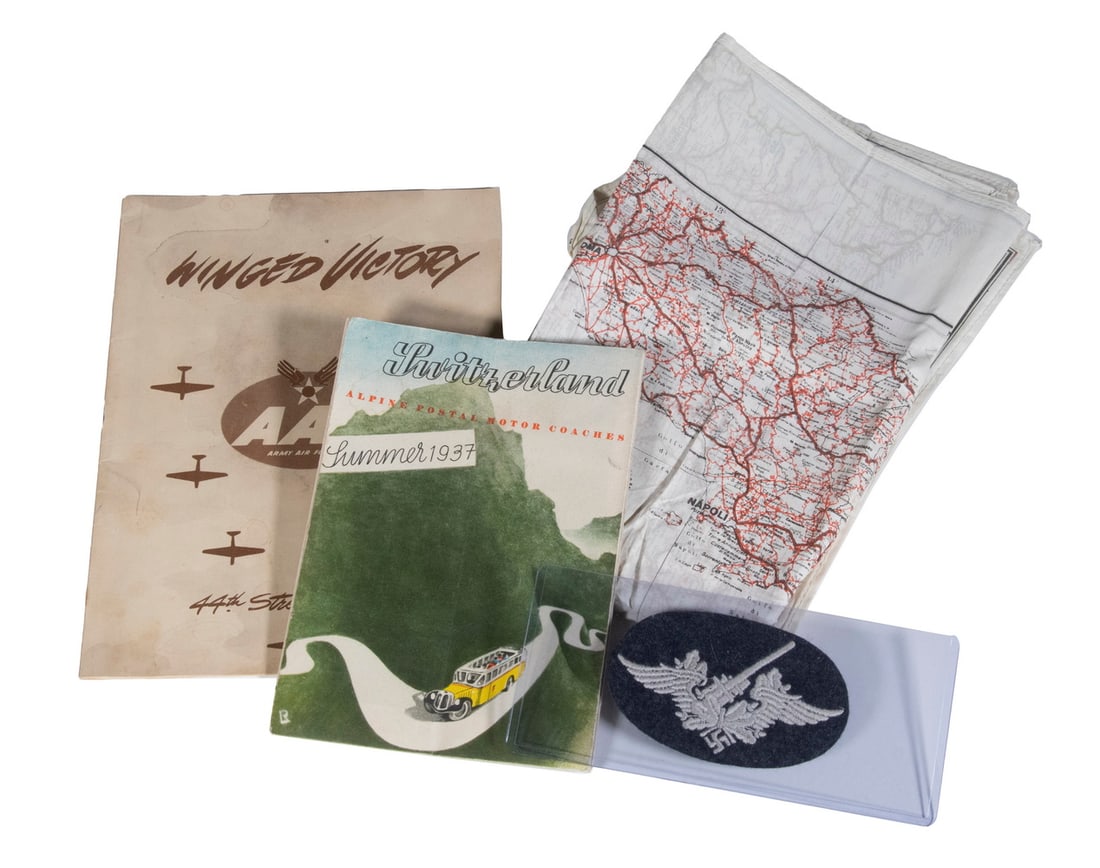 WWII US PILOT'S ESCAPE MAP SCARF, PRE-WAR MAP OF SWITZERLAND & NAZI ANTIAIRCRAFT CREW PATCH: Pilot's printed silk evade & escape map of Italy, northern and southern parts on opposing sides, one including Sicily, the other the Swiss frontier, 20" x 23"; PLUS Summer 1937 Map of Switzerland from