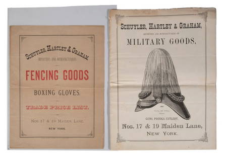 (2) 1870'S MILITARY UNIFORM HATS, INSIGNIA & ACCESSORIES CATALOGS: Scarce Schuyler, Hartley & Graham engraved illustration catalogs, the second exclusively for fencing and boxing gear, 12" x 9 1/2" & 10 1/2" x 8 1/2", 4 pages, separating at fold & 16 pages, just star