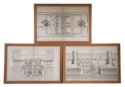 (3) FRAMED TECHNICAL PRINTS OF STEAMSHIP ENGINE DESIGNS BY ROBERT NAPIER, GLASGOW