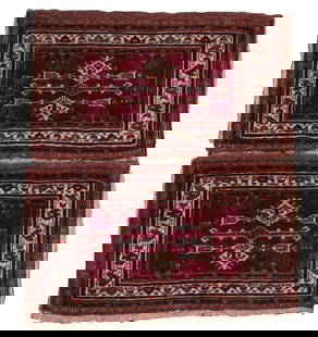 TEKKE CHUVALS (1: A pair of Tekke chuvals (storage bags), West Turkestan, mid-20th Century. Matching pair with diamond and cruciform motifs in gold, red and midnight blue on the red brown field with ivory meander borde