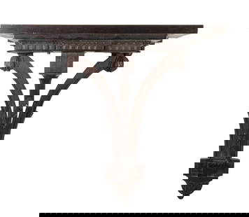 MAHOGANY WALL BRACKET SHELF: Victorian Carved Shelf, rectangular shape, set on a platform with dentil molded edge, tripod form bracket base with leaf carved decoration, 17 3/8" high, 17 1/2" x 10 1/4".