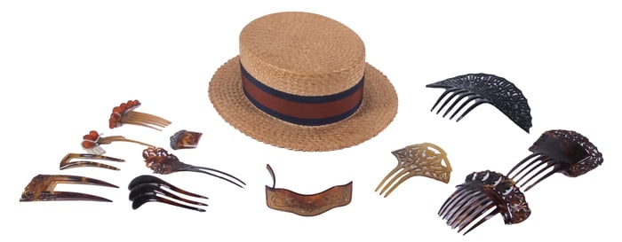 GROUP OF FAUX TORTOISESHELL HAIR COMBS WITH CA 1910 GENT'S STRAW BOATER