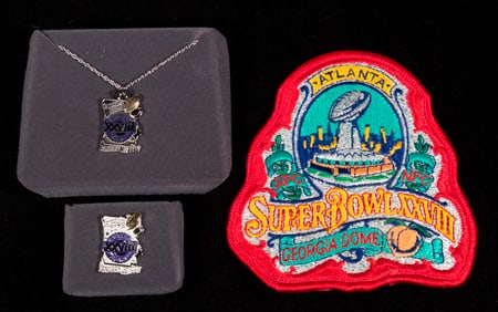 (3 PCS) ATLANTA SUPER BOWL XXVIII MEMORABILIA - (2) STERLING LOW NUMBER LTD ED & PATCH