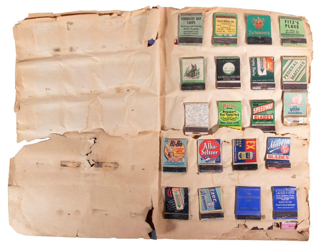 1930'S SCRAPBOOK OF APPROX. (220) MATCHBOOK COVERS, MOSTLY MAINE & NEW HAMPSHIRE (1 of 4)
