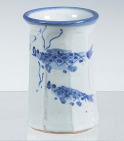 BLUE & WHITE POTTERY VASE WITH CARP
