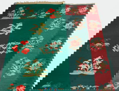 (2) FLORAL HANDWOVEN RUGS: Lot of (2) Contemporary Flat Weave Rugs, with floral designs, fringed ends, incl: Green and mauve area rug, 62" x 37"; and Runner with multicolor flowers on kelly green ground, 96" (8") x 29". Fringe