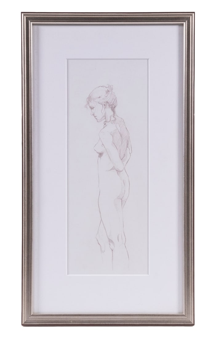 SKETCH OF STANDING NUDE: Young Woman with Arm Behind her Back, pencil drawing, unsigned, in a silver leaf stick frame with mat, glazed, OS: 16 1/2" x 9 1/4", SS: 11 1/2" x 4 1/2". Good condition.