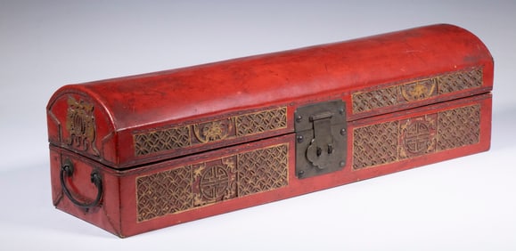 CHINESE RED PIGSKIN DOME-TOP BOX
