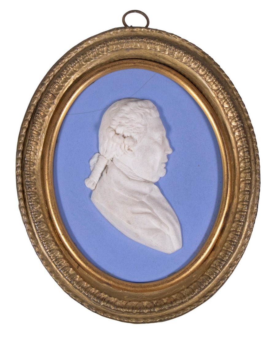 WEDGWOOD PORTRAIT OF LORD AUGUSTUS KEPPEL (1725-1786): 18th c. Oval Blue Jasperware Bust Profile Portrait, depicting Admiral Augustus Keppel, 1st Viscount Keppel, British Royal Navy officer and member of the House of Commons between 1755 and 1782, the pla