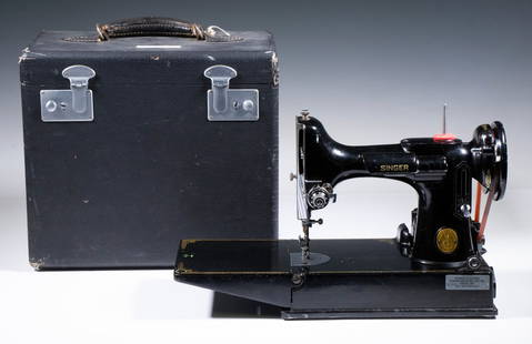 SINGER 221 3-120 FEATHERWEIGHT SEWING MACHINE: Vintage Cased Sewing Machine by Singer, sn AJ626326, made in 1950, with small accessories, 12" high, 13" x 8". Missing cord and foot control.