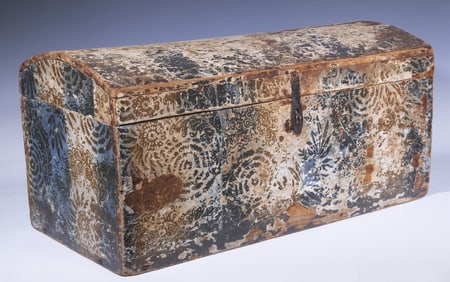 EARLY 19TH C. NEW ENGLAND WALLPAPER COVERED DOME TOP TRUNK