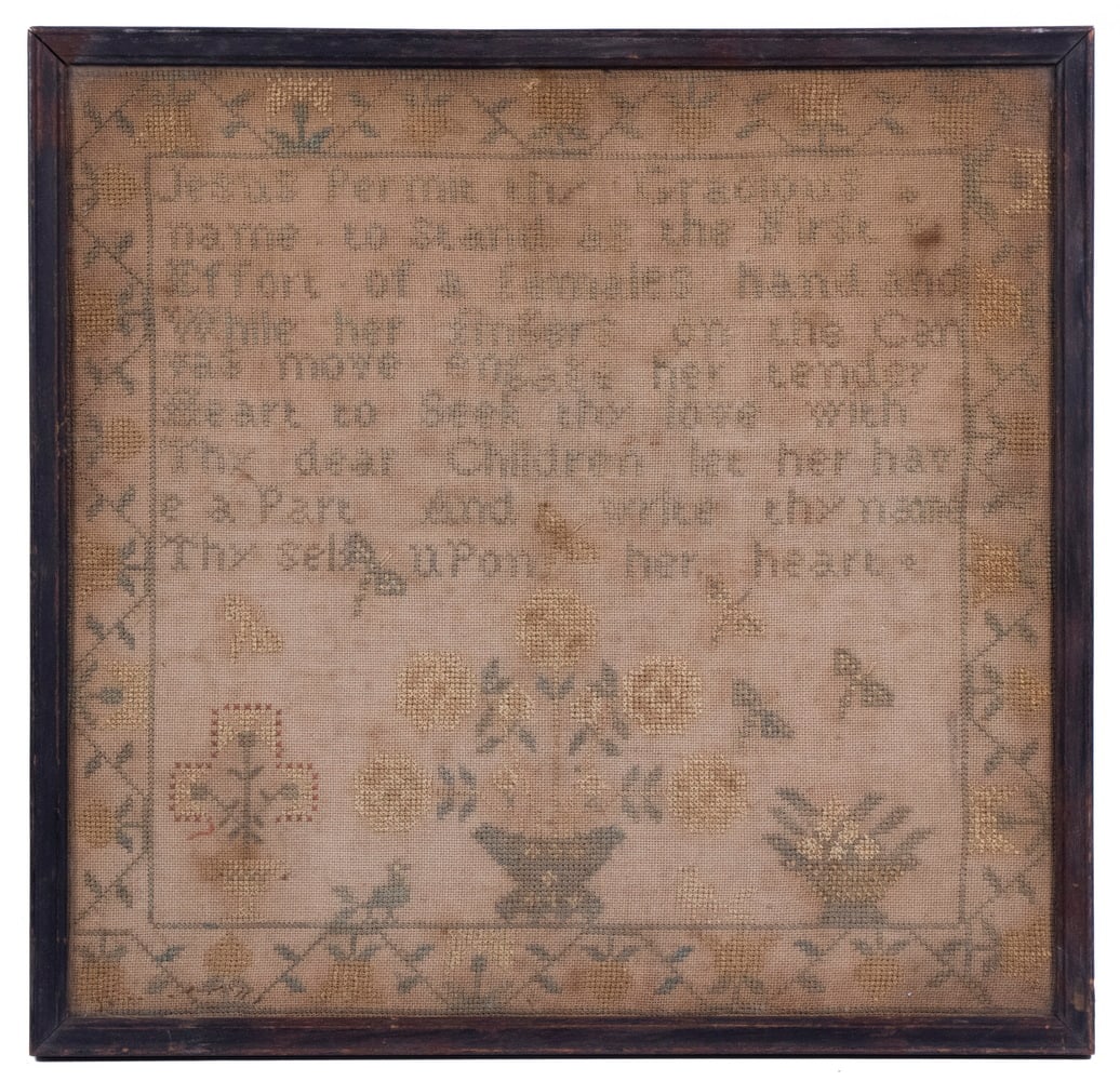 19TH C. SAMPLER, FRAMED: 19TH C. SAMPLER, FRAMEDSampler in silk on linen, having a flower basket, bird and butterflies, with lengthy Christian sentiment, no maker's name or date, in walnut stick frame under glass, toned, foxi