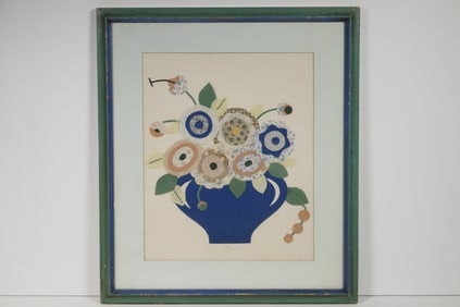 FRAMED FOLK ART CLOTH COLLAGE OF A FLORAL STILL LIFE