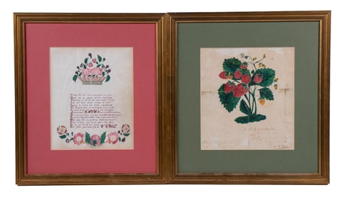 (2) 19TH C. AMERICAN SCHOOLGIRLL WATERCOLORS, MATCHING FRAMES