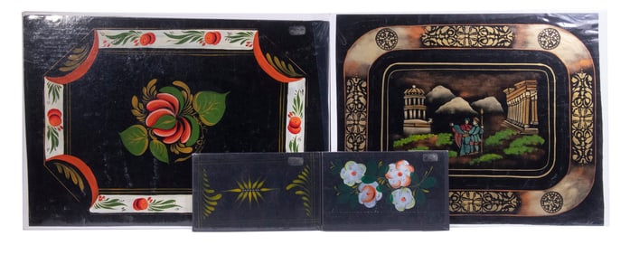 (4) 19TH C. TOLE TRAY DESIGNS, UNFRAMED