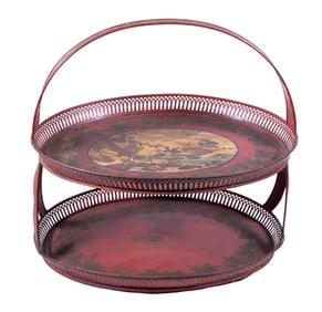 LARGE TWO-TIERED AMERICAN OVAL TOLE PAINTED TRAY, CIRCA 1850