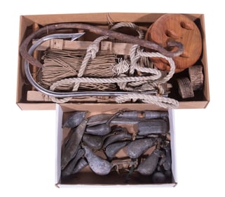 (4) DROPLINES/ WOODEN CATSEYE BLOCK/ (2) SHARK HOOKS & APPROX (25) LARGE LEAD WEIGHTS