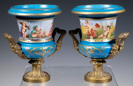 PR BRONZE MOUNTED PORCELAIN URNS