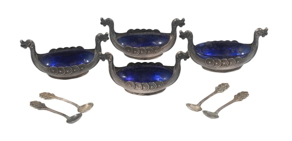 NORWEGIAN SILVER SALT CELLARS & SPOONS