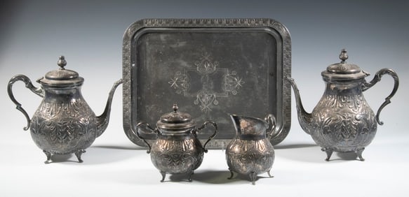 LAMBIDIS SILVER-PLATE BEVERAGE SET & MERIDEN TRAY