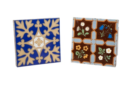 (2) MINTON & CO. DECORATIVE CERAMIC TILES WITH PATENTED PERFORATED BACKS, C. 1870