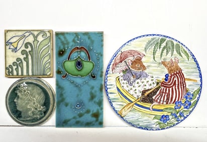 (4) DECORATIVE ART TILES INCLUDING HAND-PAINTED AND ART NOUVEAU EXAMPLES, C. 1890–1910