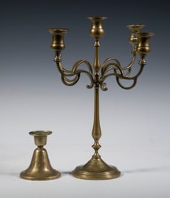 BRASS CANDELABRUM & SINGLE CANDLESTICK