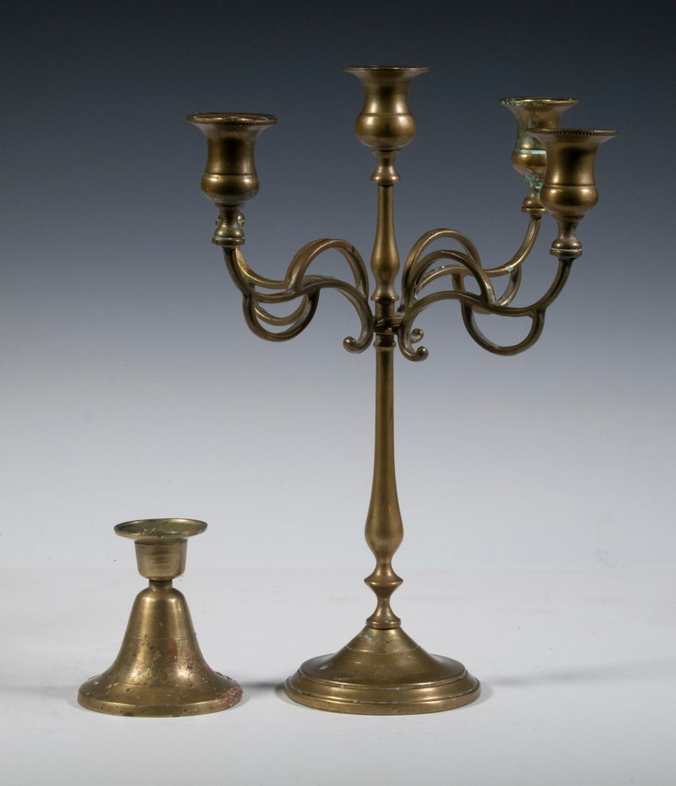 BRASS CANDELABRUM & SINGLE CANDLESTICK (1 of 3)