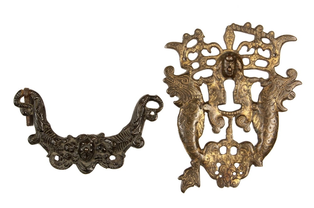 (2 PCS) RENAISSANCE BRONZE FURNITURE FIXTURES: (2 PCS) RENAISSANCE BRONZE FURNITURE FIXTURESContinental, probably German, including: Complex Pierced Lock Escutcheon, cast and chased, consisting of two dolphins facing out, surmounted by a crown, wi