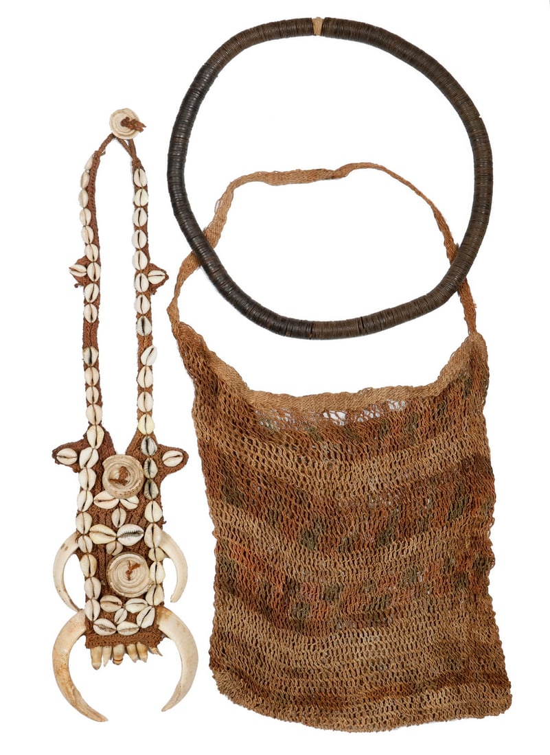 (3 PCS) MELANESIAN JEWELRY/WEAVING: (3 PCS) MELANESIAN JEWELRY/WEAVINGAll from Papua, New Guinea, Sepik River area, mid-20th c., including woven jute necklace with shells and boar"s teeth, probably Village of Kopar, 20" x 5 1/2"; PLUS V