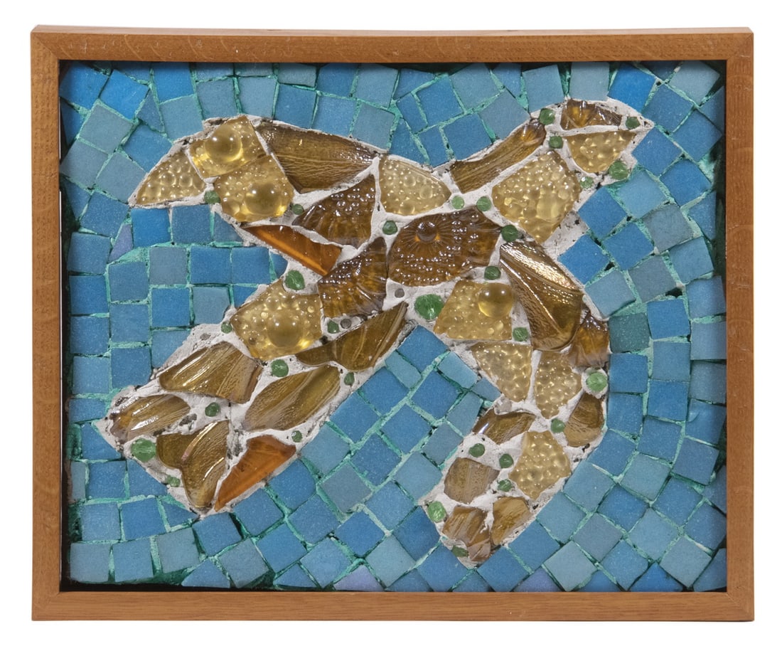 20TH C. FRAMED TILE MOSAIC OF A SEA TURTLE: 20TH C. FRAMED TILE MOSAIC OF A SEA TURTLETurquois Background of square tiles, the sea turtle itself rendered in shards of textured glass with glass marbles, in oak box frame, 12 1/4" x 15" x 1 3/4",