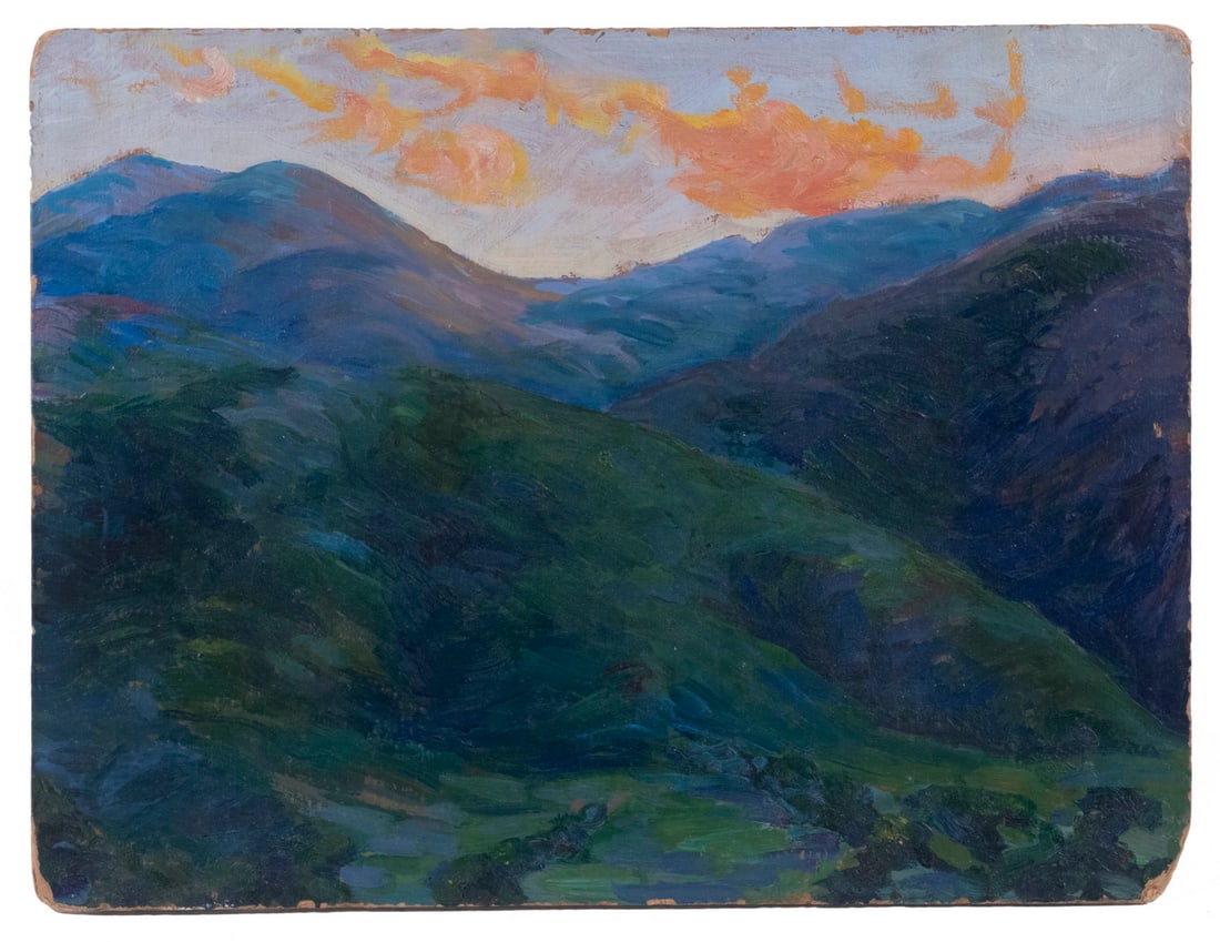 A COLORADO LANDSCAPE SIGNED MORRIS WOOD: MORRIS WOOD COLORADO LANDSCAPE"Summer of 1928, Cameron"s Cone & The Twins, Colorado Springs", oil on upson board, unframed, 12" x 16", rounded corners.