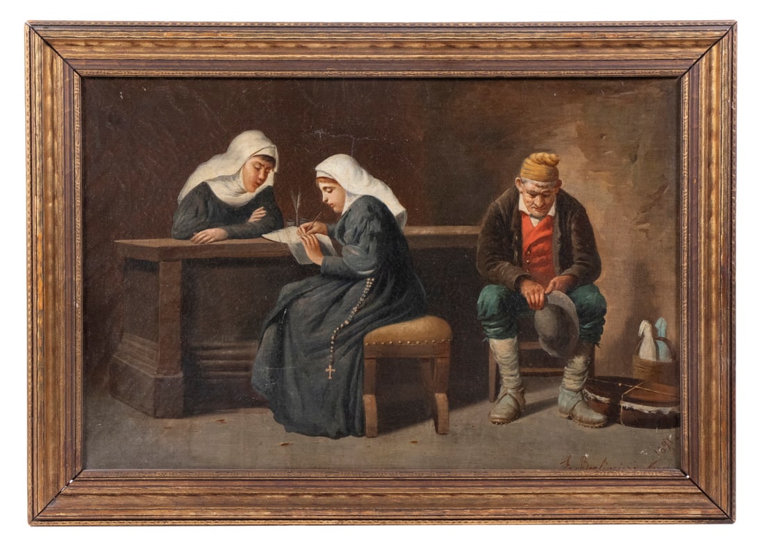 F. BERLINGIERE (19TH C. ITALY): F. BERLINGIERE (19TH C. ITALY)Old Man Seated Behind Two Nuns who are deep in conversation, signed lower right, marred 'Napoli', dated 1891, in gilt molded frame, OS:13 1/2" x 19", SS: 10 1/2" x 16", c