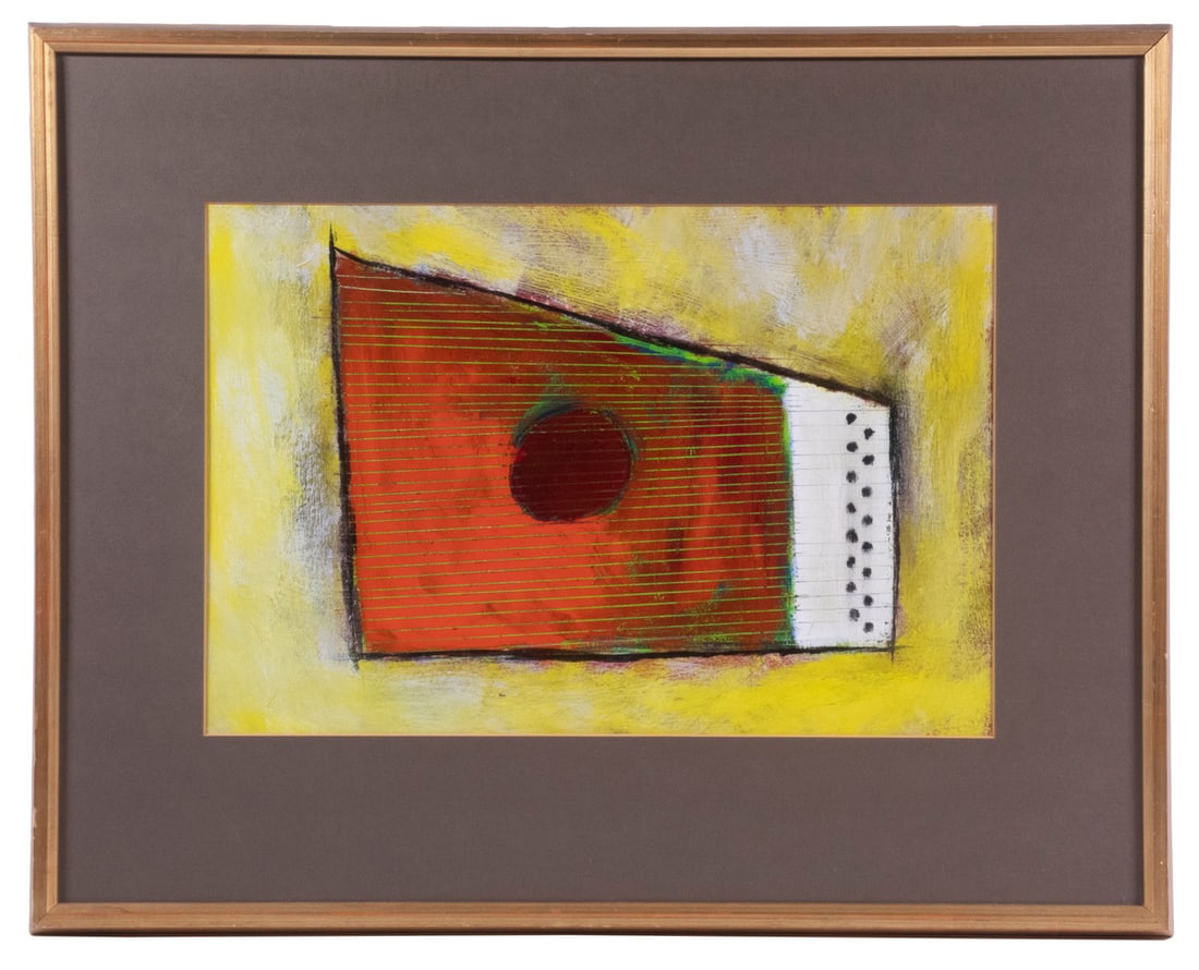 PORTRAIT OF A MUSICAL INSTRUMENT: PORTRAIT OF A MUSICAL INSTRUMENTAutoharp, mixed media on cold pressed board, in a gold mitered frame, with a brown mat, under glass, OS: 18" x 25", SS: 10 1/2" x 15 1/2", good condition.