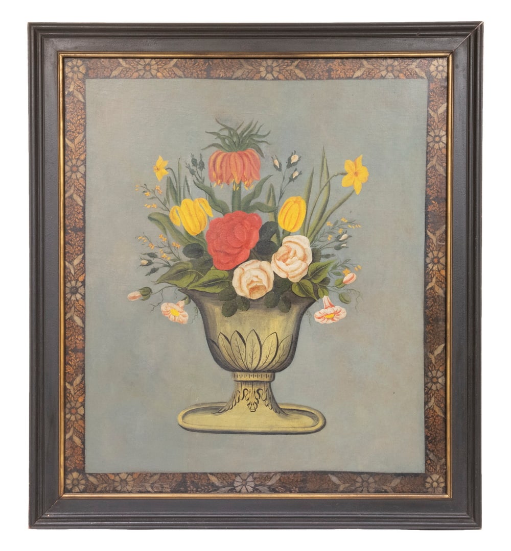 LARGE FOLK ART FLORAL STILL LIFE OIL PAINTING: LARGE FOLK ART FLORAL STILL LIFE OIL PAINTINGFlowers in Urn on celadon ground, gold on black stenciled border, oil on canvas laid to board, unsigned, circa 1940 American, later black molded frame with
