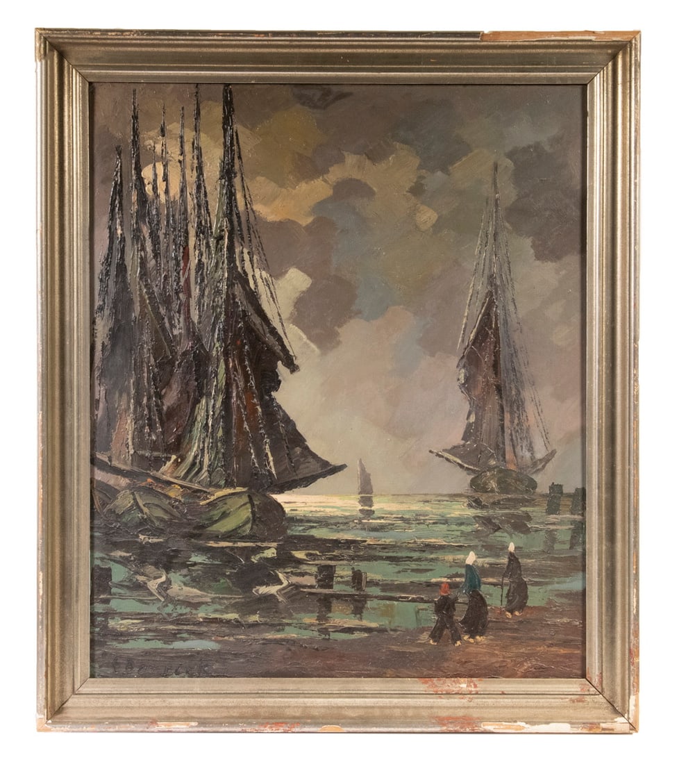 C. BERRICK (20TH C. NETHERLANDS): C. BERRICK (20TH C. NETHERLANDS)Dutch Fishing Fleet approaching Beach, impasto oil on masonite, signed lower left, in weathered pale gold molded cove frame, OS: 31" x 27", SS: 26 1/2" x 22 1/2", good