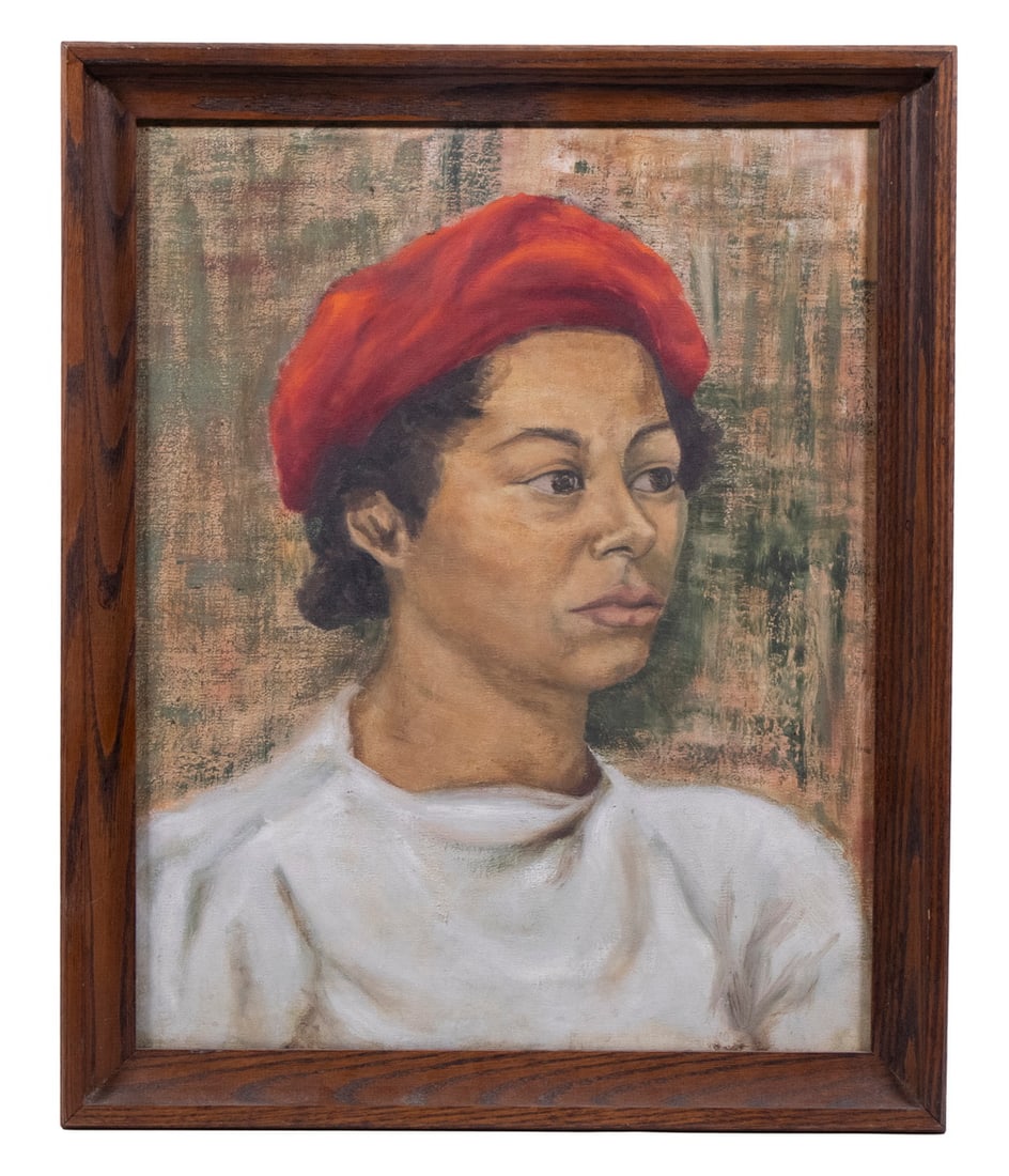 PORTRAIT OF A WOMAN, UNSIGNED: PORTRAIT OF A WOMAN, UNSIGNED1940's vintage bust portrait of a woan in a red beret, oil on canvas, unsigned, in oak cove frame, OS: 22 1/2" x 18 1/2", SS: 19 1/2" x 15 1/2".