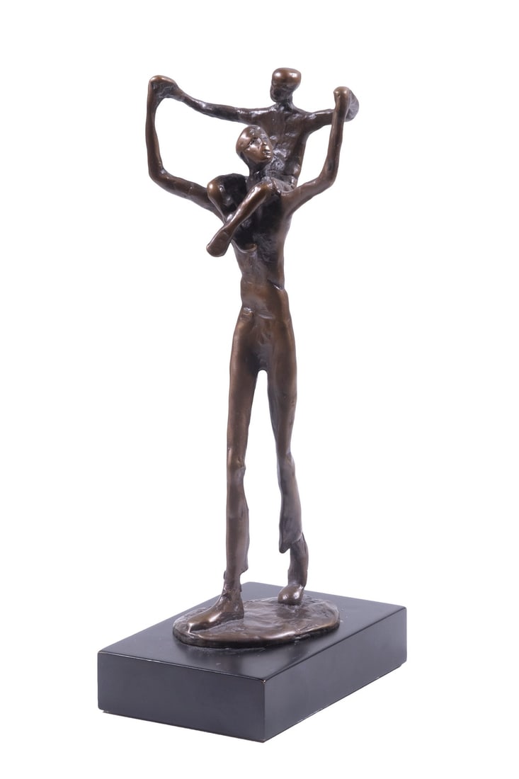 BRONZE SCULPTURE: BRONZE SCULPTUREMid-century figures of a striding father with his son riding on his shoulders, monogram "AF" on base, with foundry mark, mounted on black base, 10 1/2" tall.