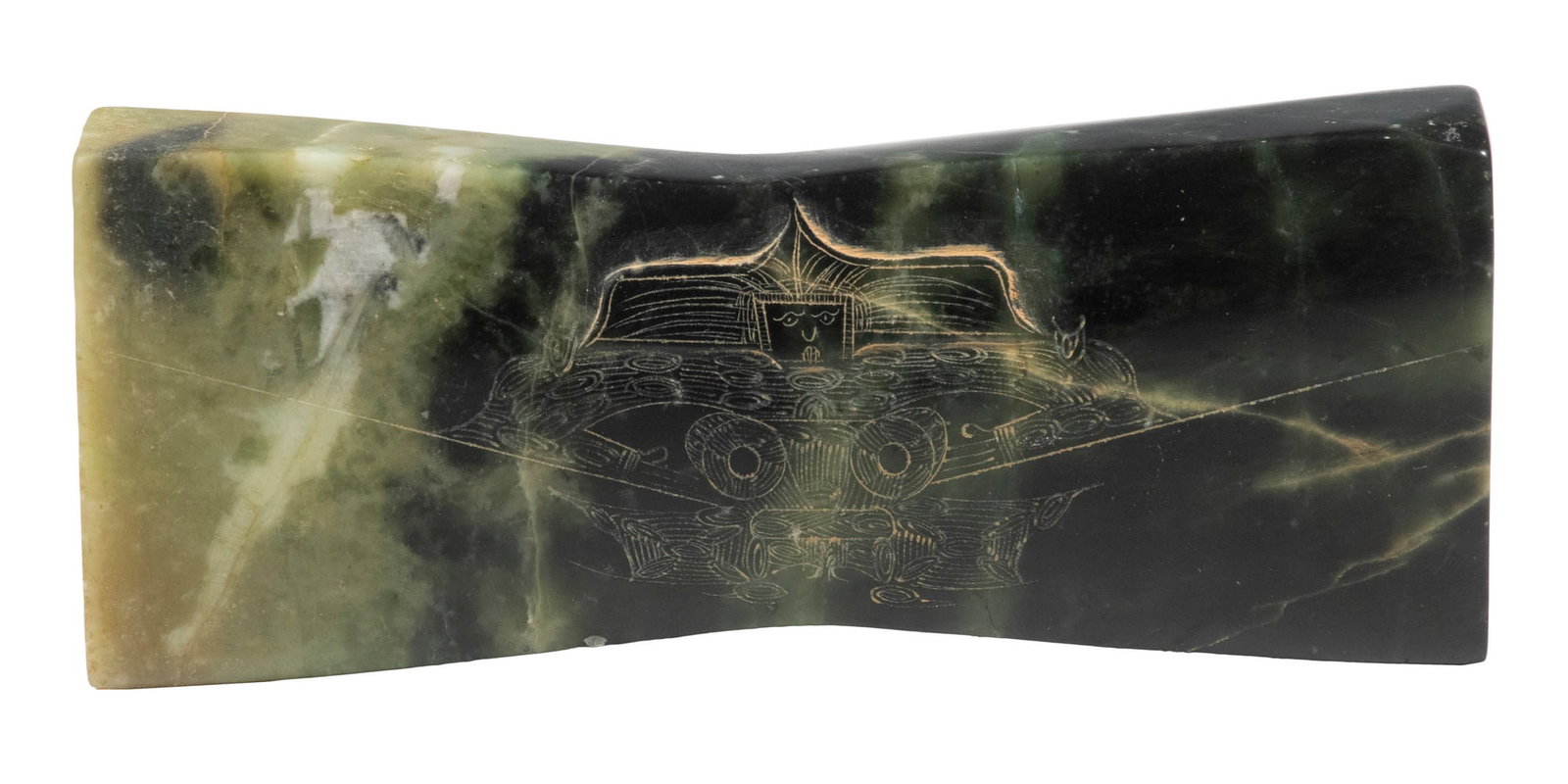 CHINESE JADE PILLOW: CHINESE JADE PILLOWBowed body with concave long sides, having scratched decoration of taotie masks, 6 1/2" long.
