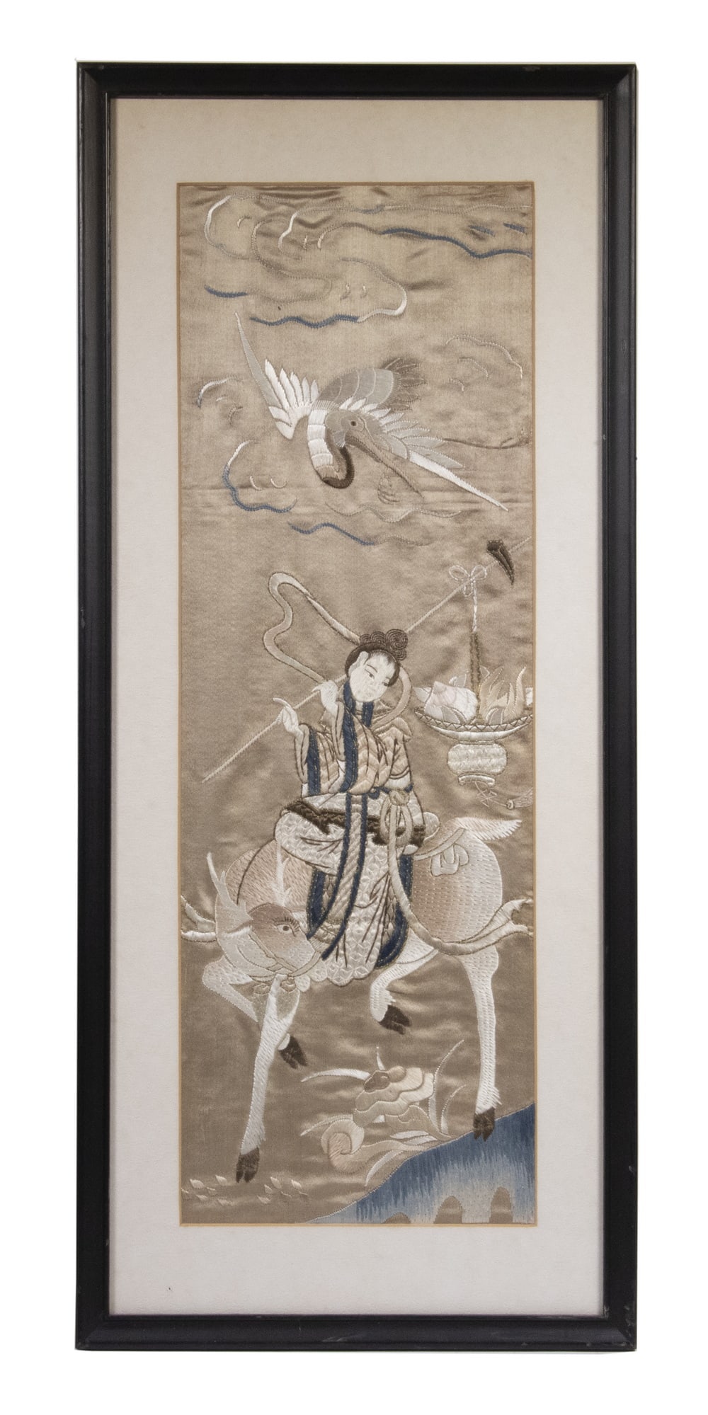 CHINESE PICTORIAL SILK TEXTLE, FRAMED: CHINESE PICTORIAL SILK TEXTLE, FRAMEDPortrait of Immortal Magu on a Deer, a staff on her shoulder with a suspended basket of peach and buddha 's hand fruit, a crane in flight overhead, in a black fram