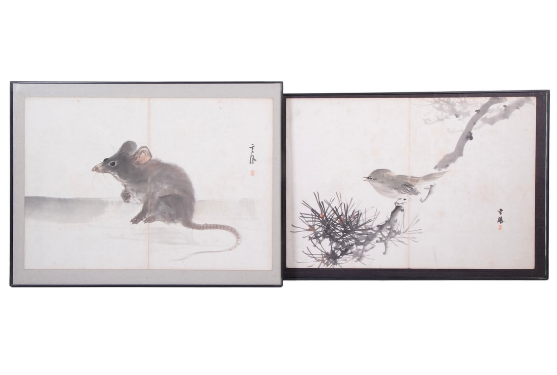 (2) CHINESE INK PAINTINGS, 19TH CENTURY: (2) CHINESE INK PAINTINGS, 19TH CENTURYAlert Rat & Sparrow in Pine Tree, signed and with seals, under glass in matching black frames, OS: 12" x 16" & 11" x 17", SS: (both) 10" x 14 1/2", vertical cent