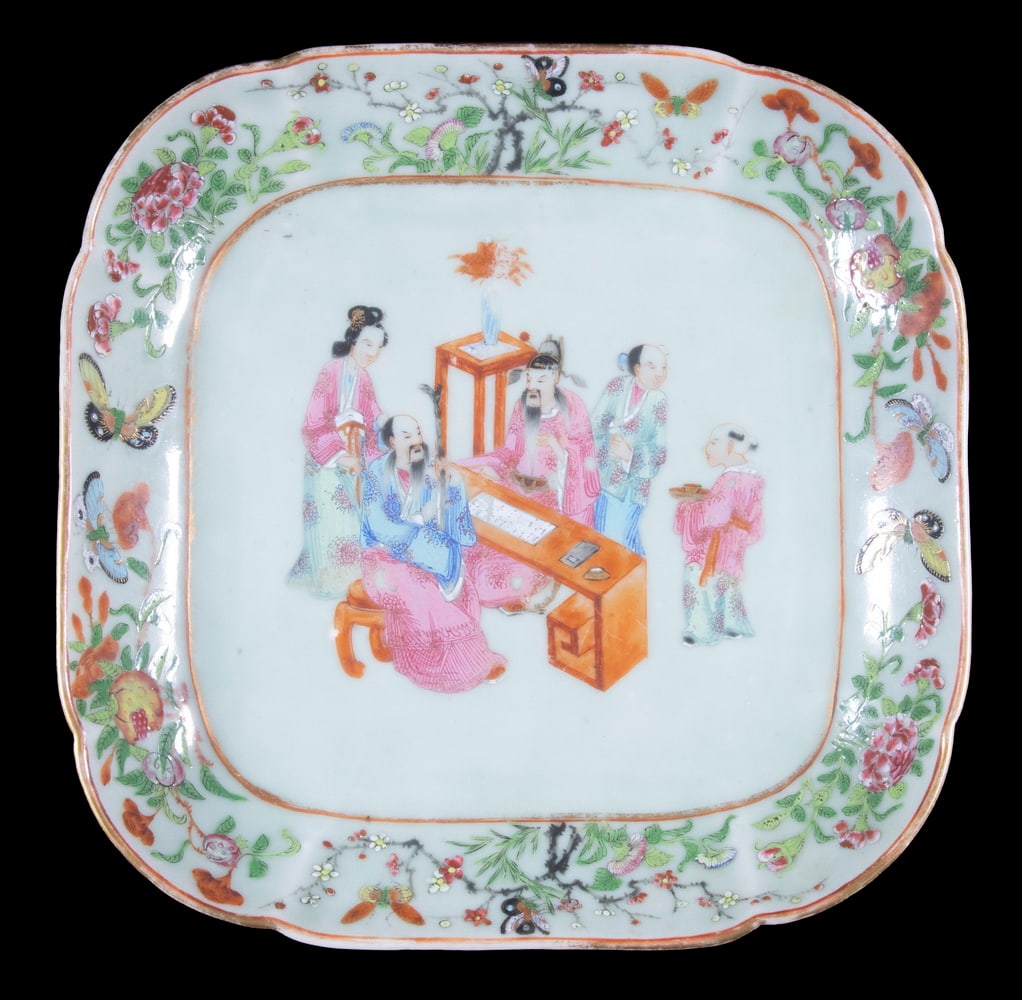 CHINESE CANTON PORCELAIN SQUARE BOWL: CHINESE CANTON PORCELAIN SQUARE BOWLFamille Rose Celadon Dish, c. 1820, with central figural scene, rim with floral and butterfly decoration, raised kiln stilt marks on base, 1 3/4" high, 9 3/4" sq. P