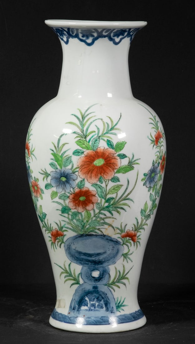 CHINESE PORCELAIN VASE: CHINESE PORCELAIN VASEChinese Porcelain Baluster Form Vase, 20th c., with painted bird and floral decoration, stamped with red four character apocryphal Qianlong mark on base, 17 3/4" high. Base is dr